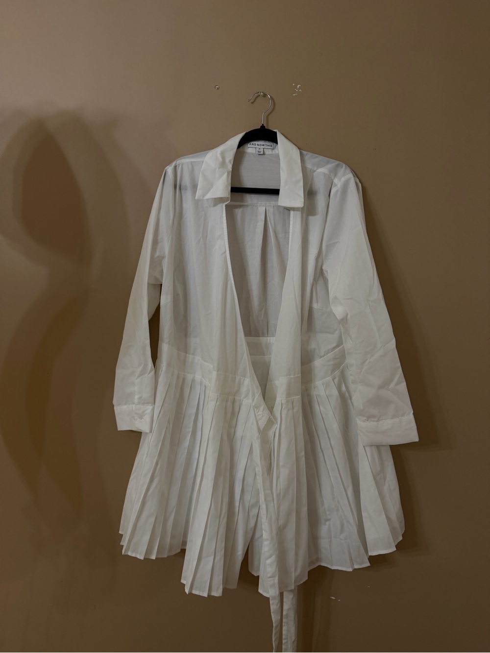 Unbranded White Pleated Midi Shirt Dress with Long Sleeves